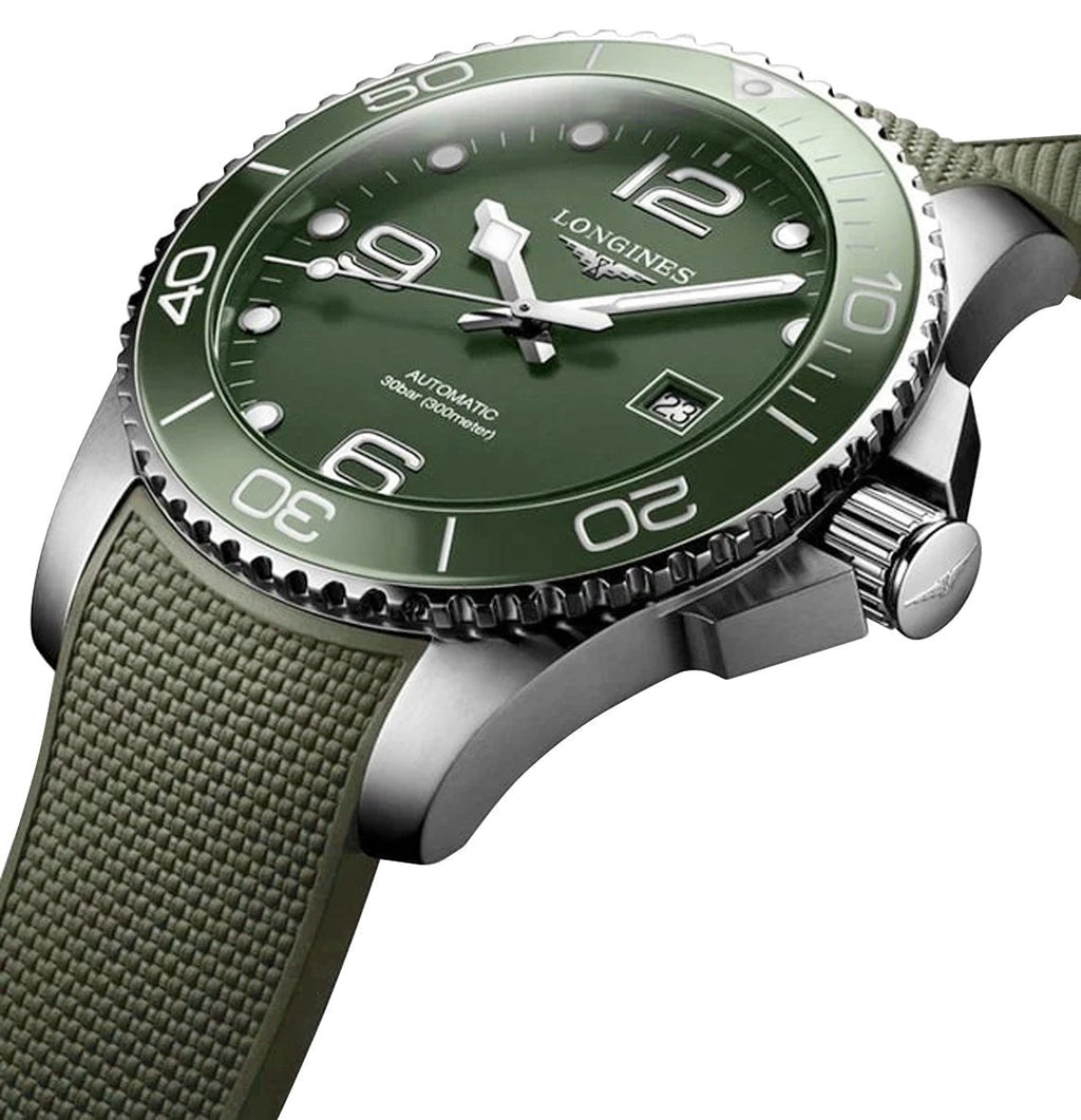Longines HydroConquest Automatic Stainless Steel Green Dial Green Rubber Strap Date Divers Mens Watch L3.782.4.06.9