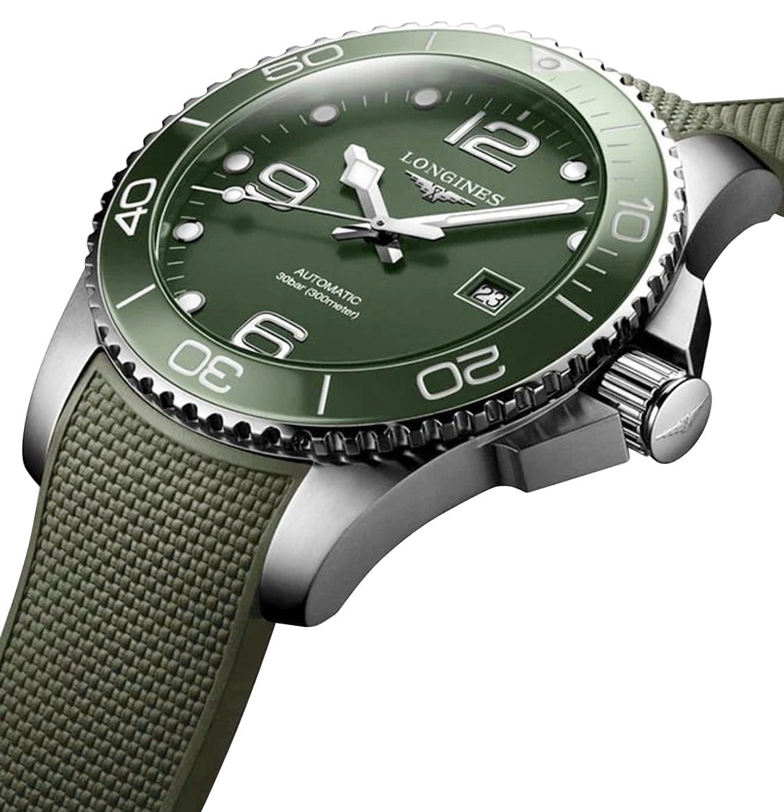 Longines HydroConquest Automatic Stainless Steel Green Dial Green Rubber Strap Date Divers Mens Watch L3.782.4.06.9