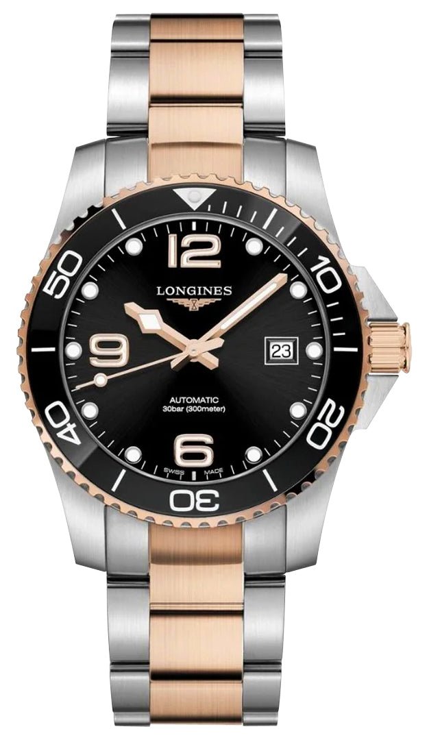Longines HydroConquest Automatic Stainless Steel & Rose Gold PVD Black Dial Date Divers Mens Watch L3.781.3.58.7
