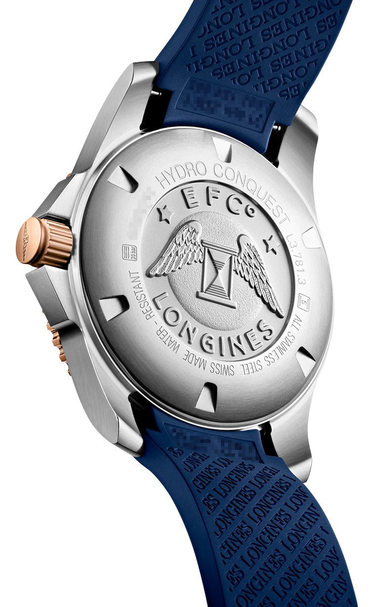 Longines HydroConquest Automatic Stainless Steel & Rose Gold PVD Blue Dial Blue Rubber Strap Date Divers Mens Watch L3.781.3.98.9