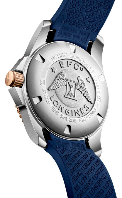 Longines HydroConquest Automatic Stainless Steel & Rose Gold PVD Blue Dial Blue Rubber Strap Date Divers Mens Watch L3.781.3.98.9