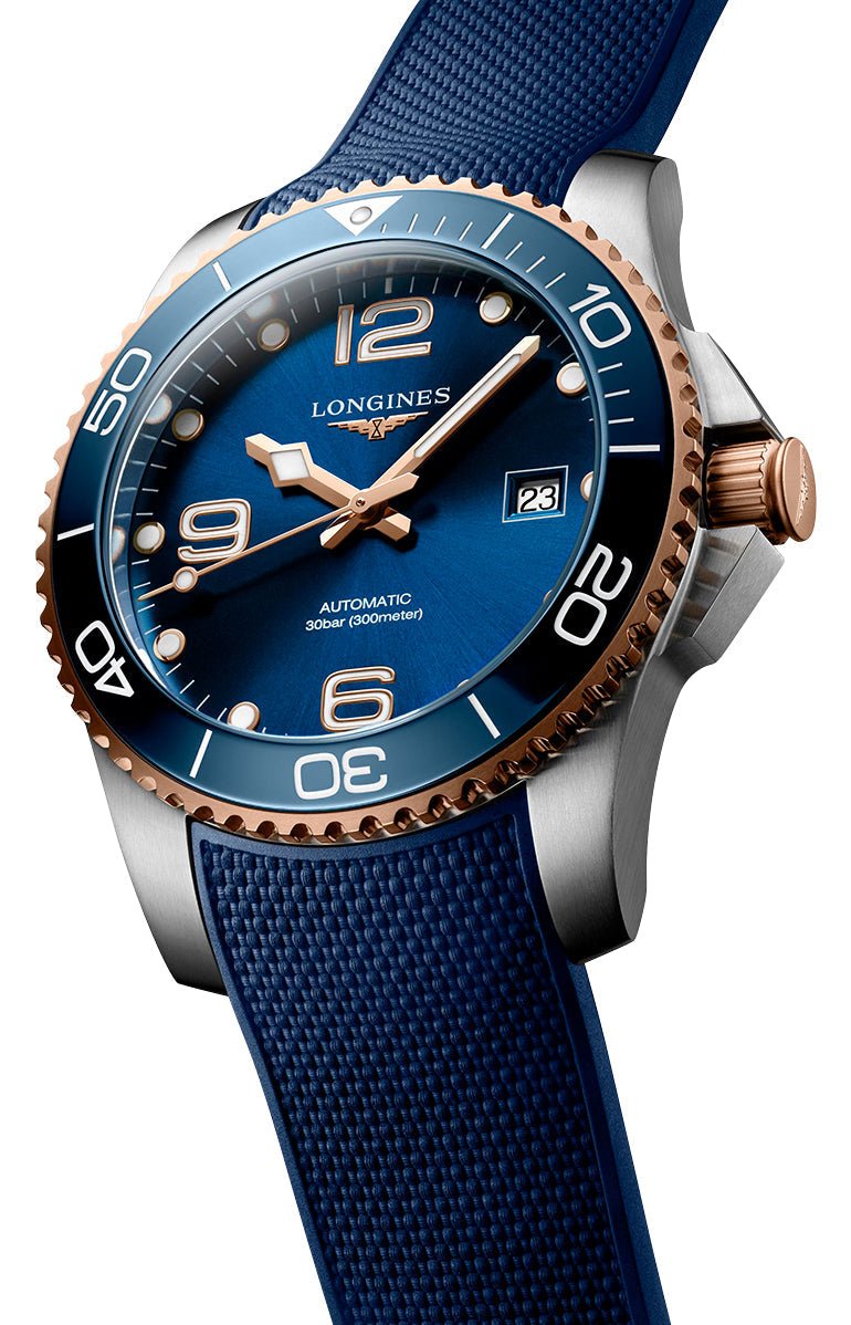 Longines HydroConquest Automatic Stainless Steel & Rose Gold PVD Blue Dial Blue Rubber Strap Date Divers Mens Watch L3.781.3.98.9
