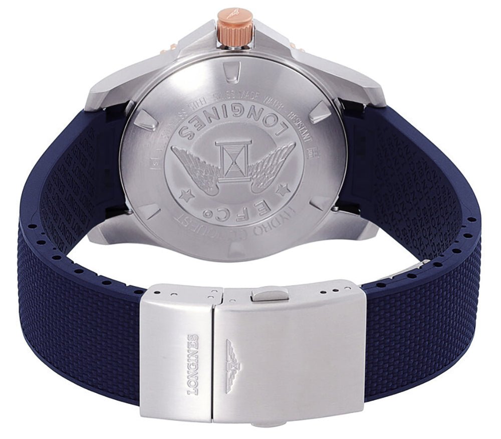 Longines HydroConquest Automatic Stainless Steel & Rose Gold PVD Blue Dial Blue Rubber Strap Date Divers Mens Watch L3.781.3.98.9