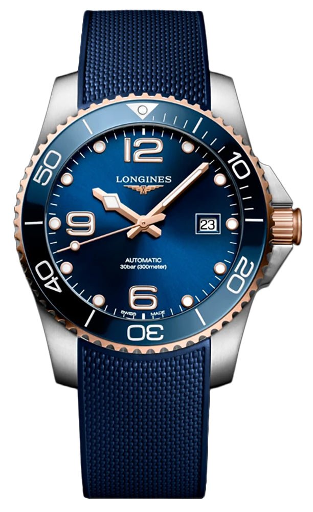 Longines HydroConquest Automatic Stainless Steel & Rose Gold PVD Blue Dial Blue Rubber Strap Date Divers Mens Watch L3.781.3.98.9