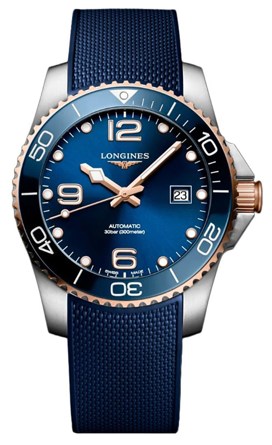Longines HydroConquest Automatic Stainless Steel & Rose Gold PVD Blue Dial Blue Rubber Strap Date Divers Mens Watch L3.781.3.98.9