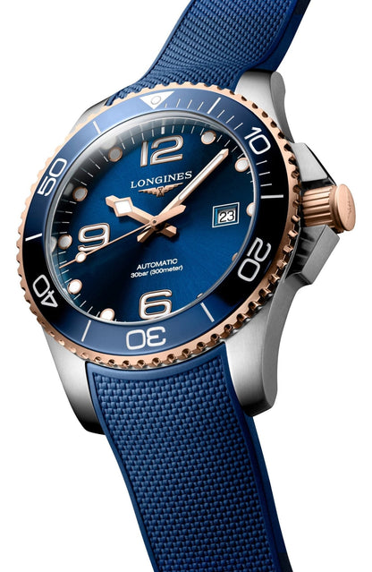Longines HydroConquest Automatic Stainless Steel & Rose Gold PVD Blue Dial Blue Rubber Strap Date Divers Mens Watch L3.782.3.98.9
