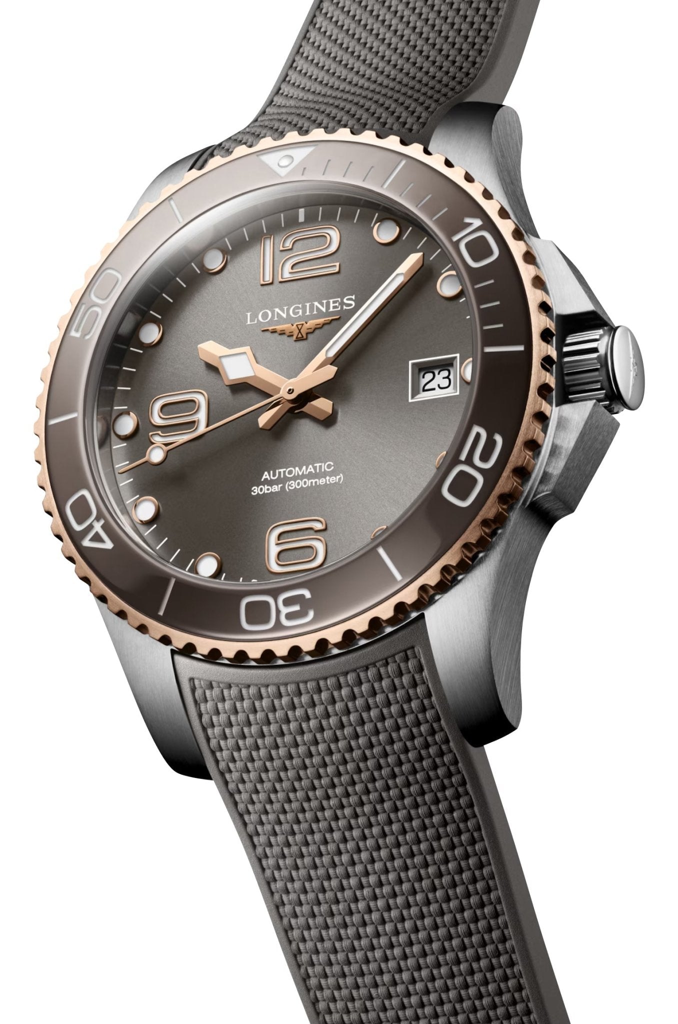 Longines HydroConquest Automatic Stainless Steel & Rose Gold PVD Gray Dial Gray Rubber Strap Date Divers Mens Watch L3.780.3.78.9