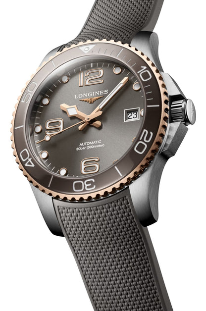 Longines HydroConquest Automatic Stainless Steel & Rose Gold PVD Gray Dial Gray Rubber Strap Date Divers Mens Watch L3.780.3.78.9