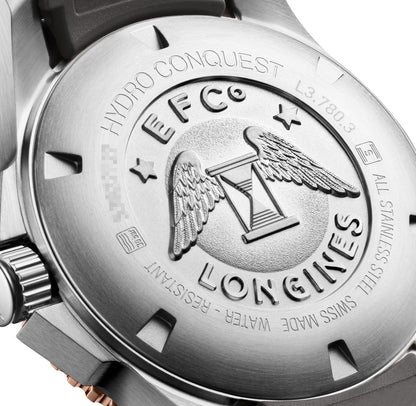 Longines HydroConquest Automatic Stainless Steel & Rose Gold PVD Gray Dial Gray Rubber Strap Date Divers Mens Watch L3.780.3.78.9