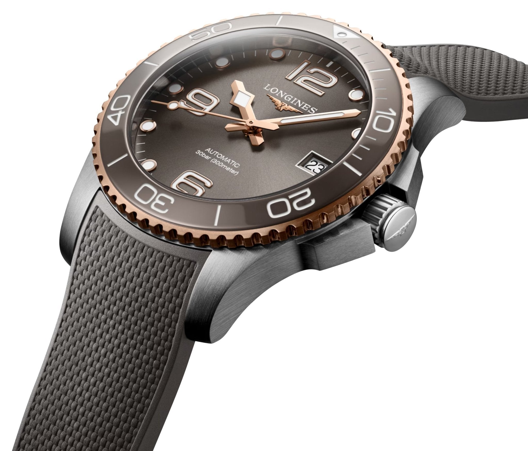 Longines HydroConquest Automatic Stainless Steel & Rose Gold PVD Gray Dial Gray Rubber Strap Date Divers Mens Watch L3.780.3.78.9