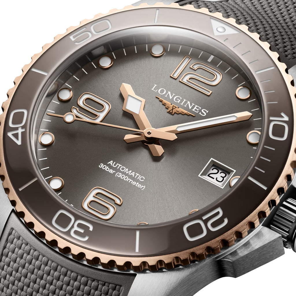 Longines HydroConquest Automatic Stainless Steel & Rose Gold PVD Gray Dial Gray Rubber Strap Date Divers Mens Watch L3.780.3.78.9