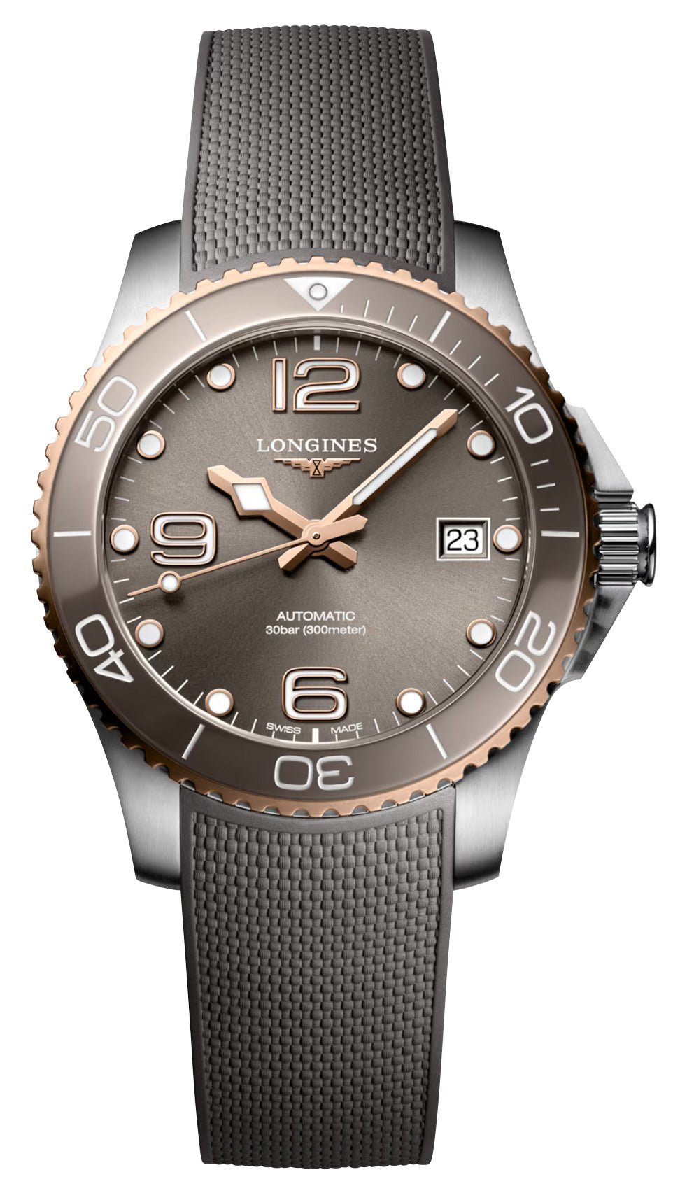 Longines HydroConquest Automatic Stainless Steel & Rose Gold PVD Gray Dial Gray Rubber Strap Date Divers Mens Watch L3.780.3.78.9