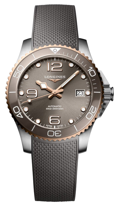 Longines HydroConquest Automatic Stainless Steel & Rose Gold PVD Gray Dial Gray Rubber Strap Date Divers Mens Watch L3.780.3.78.9