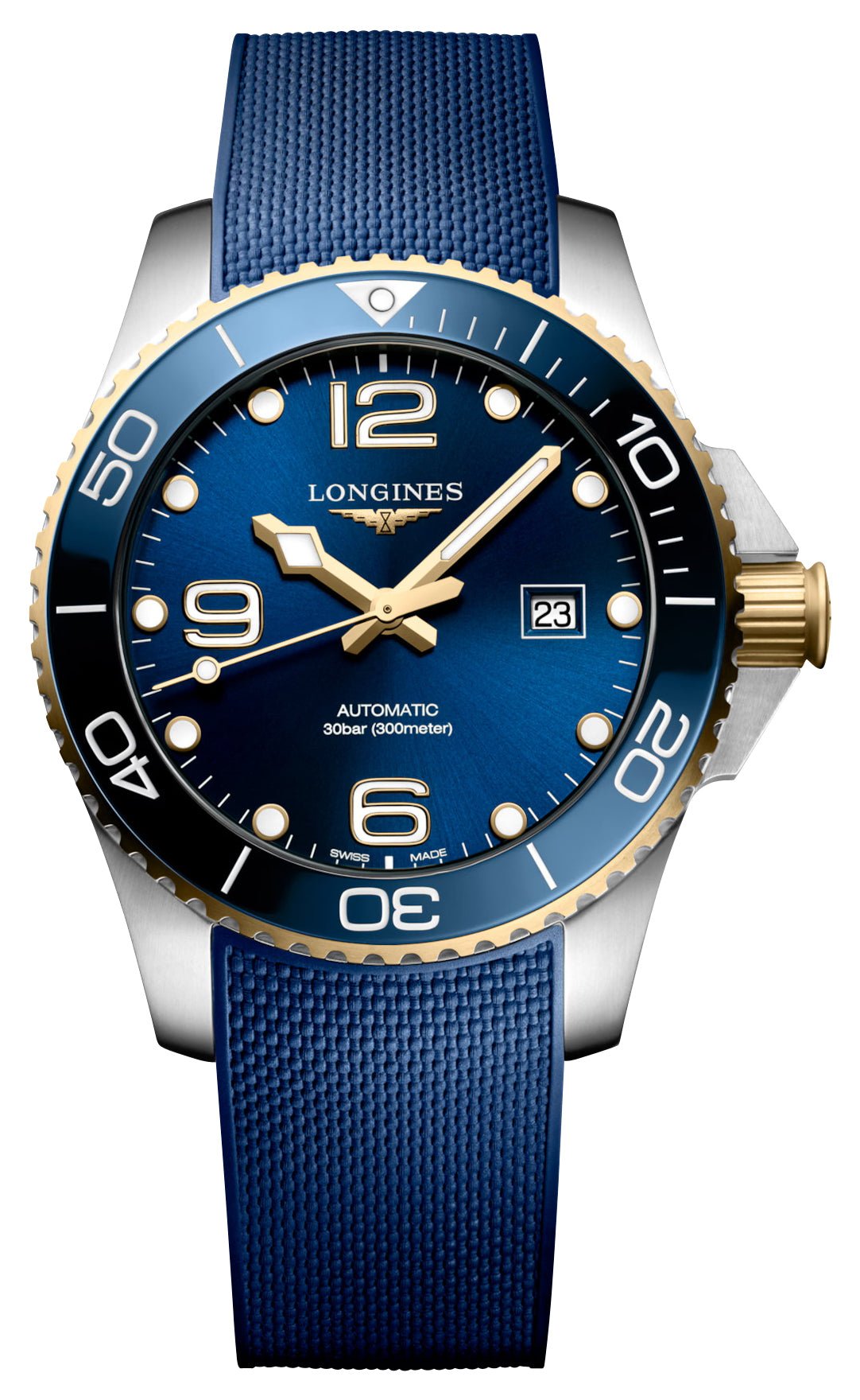 Longines HydroConquest Automatic Stainless Steel & Yellow Gold PVD Blue Dial Blue Rubber Strap Date Divers Mens Watch L3.782.3.96.9