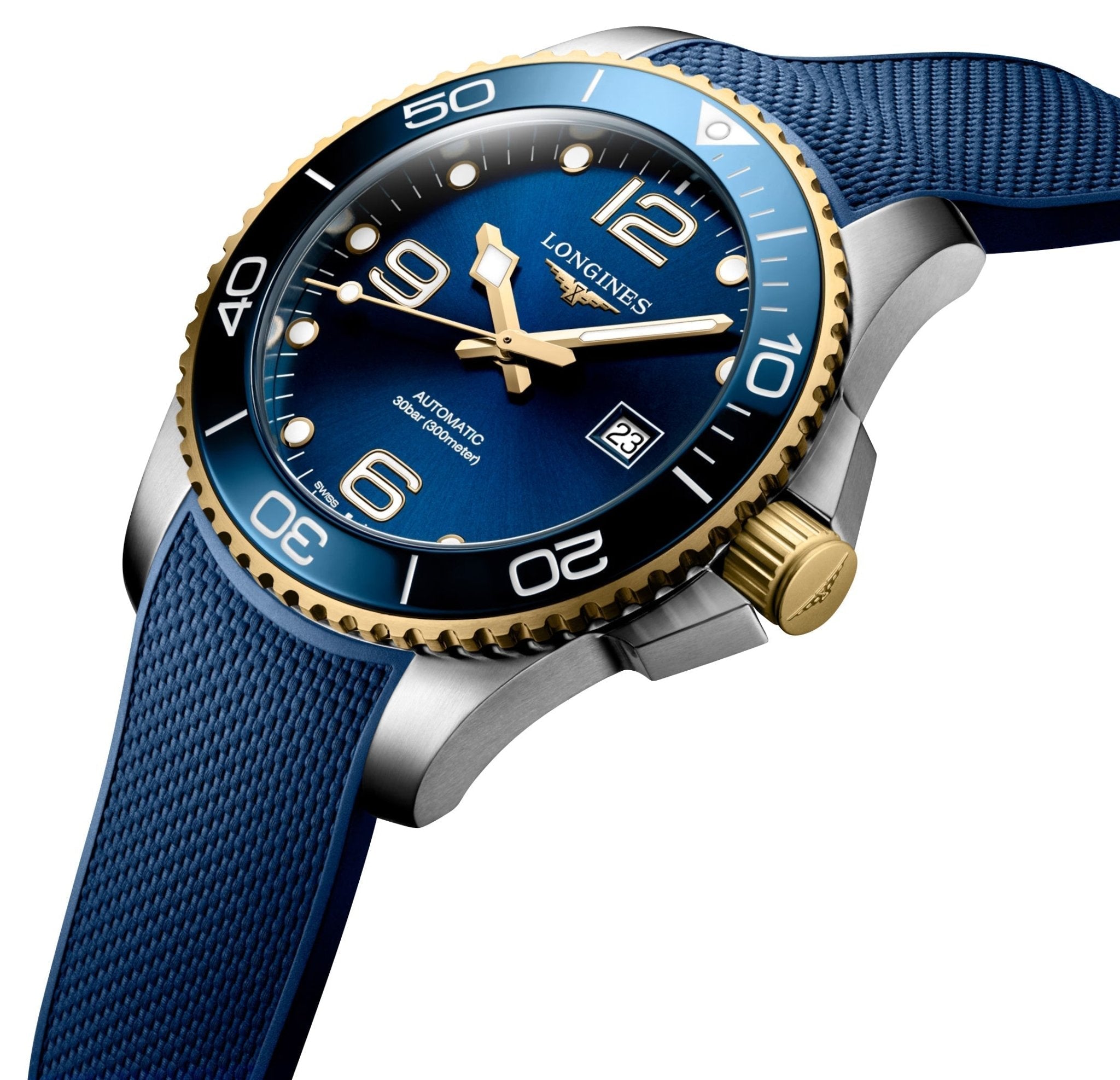 Longines HydroConquest Automatic Stainless Steel & Yellow Gold PVD Blue Dial Blue Rubber Strap Date Divers Mens Watch L3.782.3.96.9