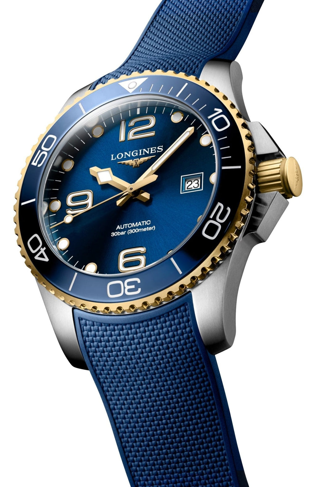 Longines HydroConquest Automatic Stainless Steel & Yellow Gold PVD Blue Dial Blue Rubber Strap Date Divers Mens Watch L3.782.3.96.9