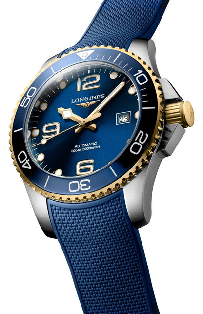 Longines HydroConquest Automatic Stainless Steel & Yellow Gold PVD Blue Dial Blue Rubber Strap Date Divers Mens Watch L3.782.3.96.9