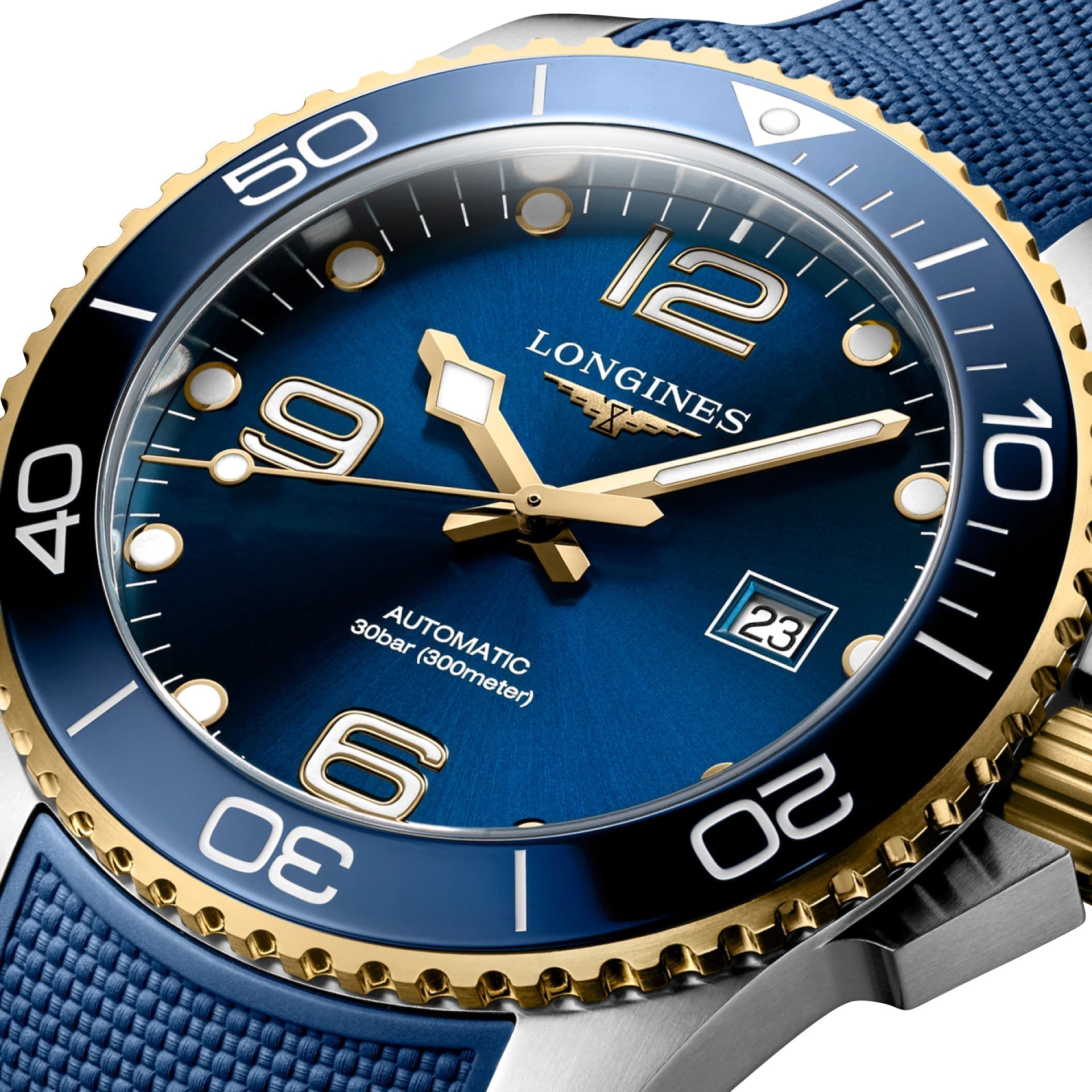 Longines HydroConquest Automatic Stainless Steel & Yellow Gold PVD Blue Dial Blue Rubber Strap Date Divers Mens Watch L3.782.3.96.9