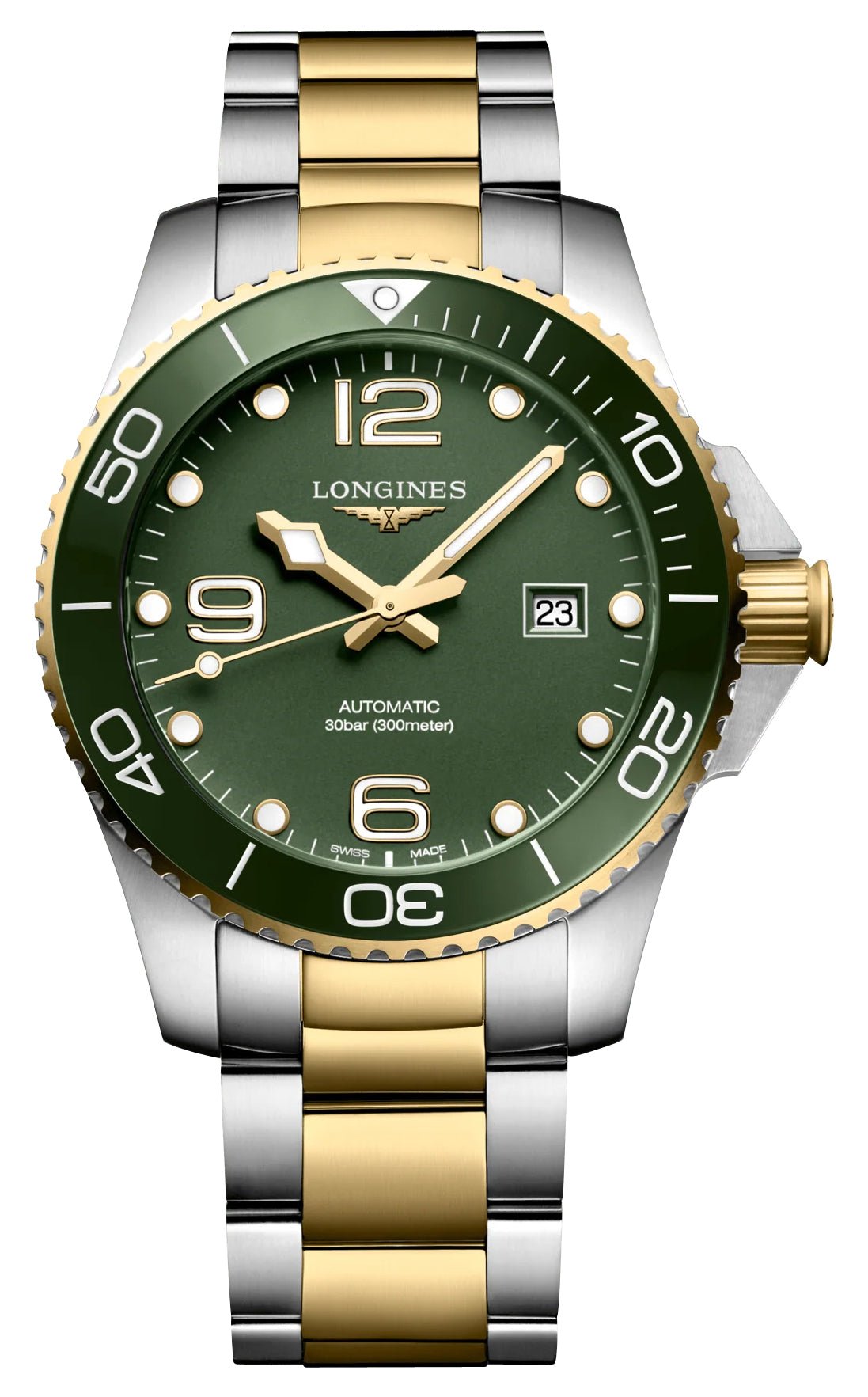 Longines HydroConquest Automatic Stainless Steel & Yellow Gold PVD Green Dial Date Divers Mens Watch L3.782.3.06.7