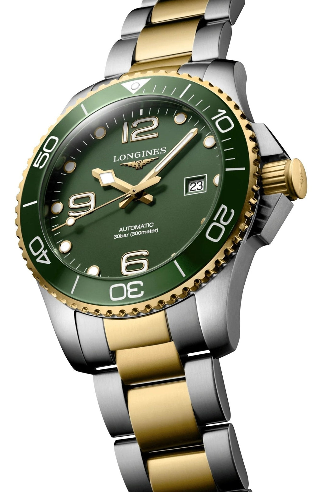 Longines HydroConquest Automatic Stainless Steel & Yellow Gold PVD Green Dial Date Divers Mens Watch L3.782.3.06.7