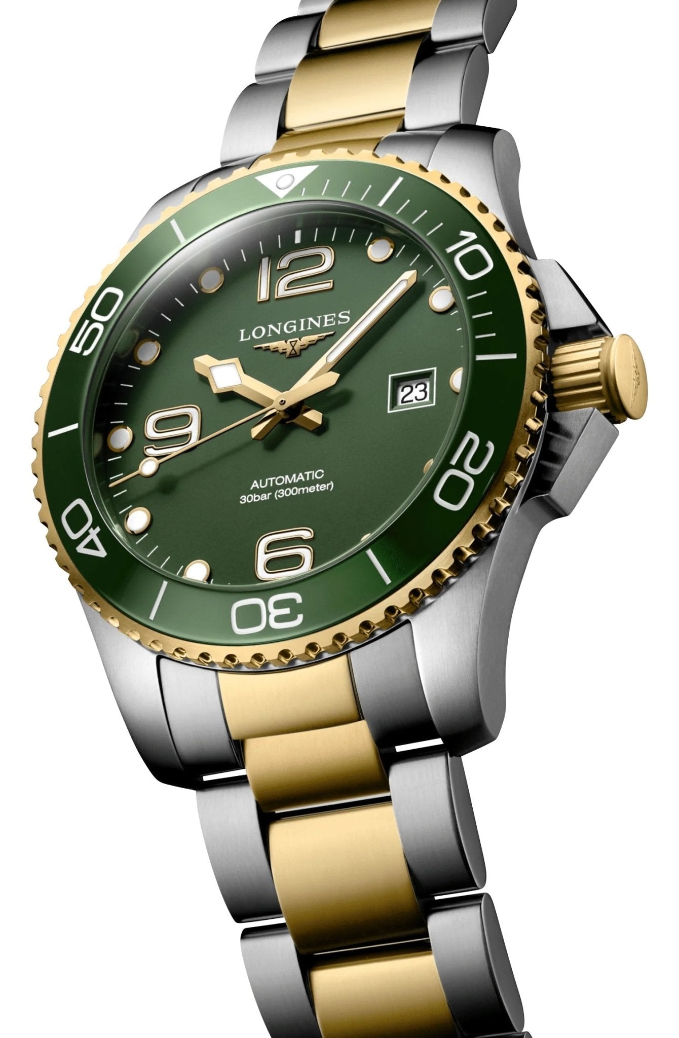 Longines HydroConquest Automatic Stainless Steel & Yellow Gold PVD Green Dial Date Divers Mens Watch L3.782.3.06.7