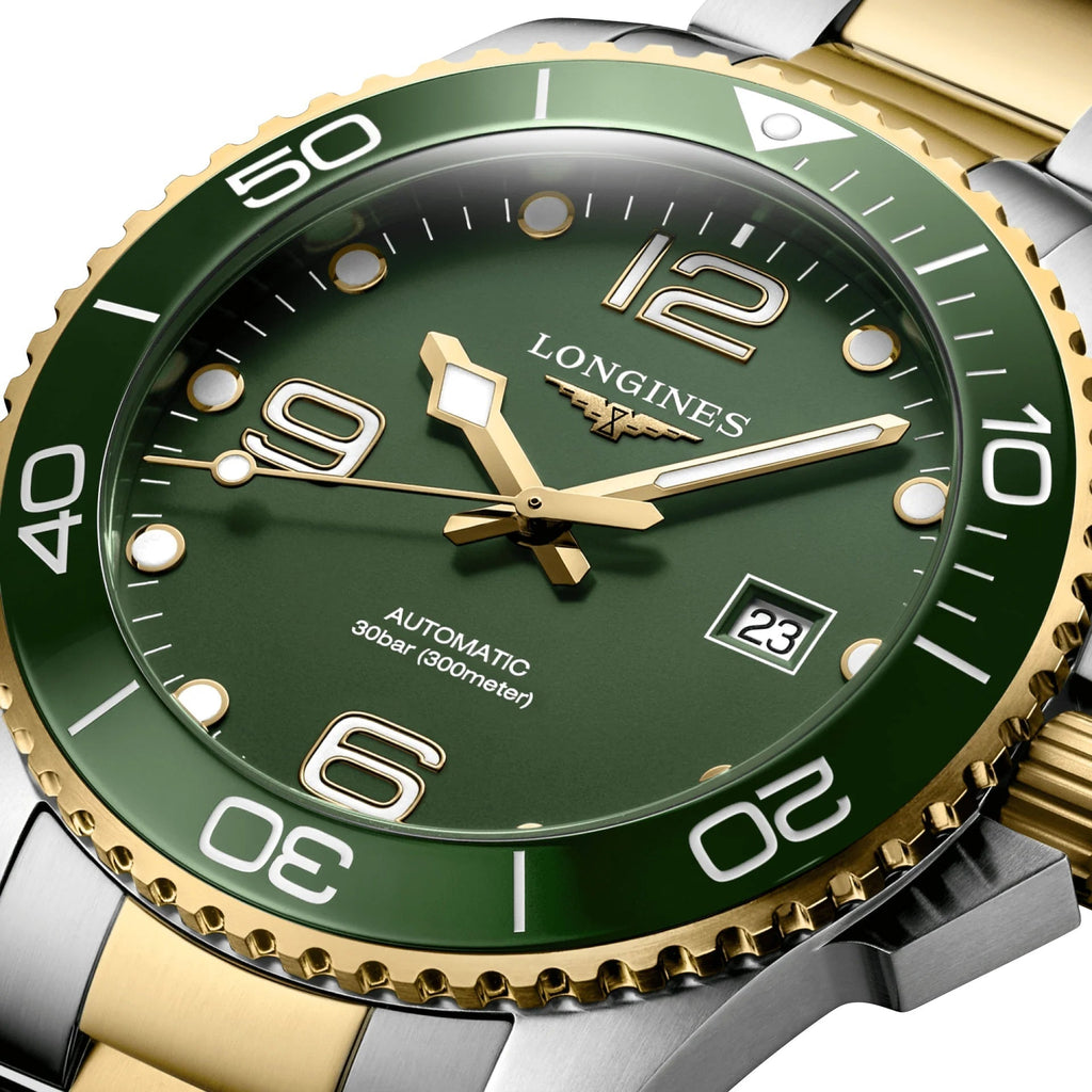 Longines HydroConquest Automatic Stainless Steel & Yellow Gold PVD Green Dial Date Divers Mens Watch L3.782.3.06.7