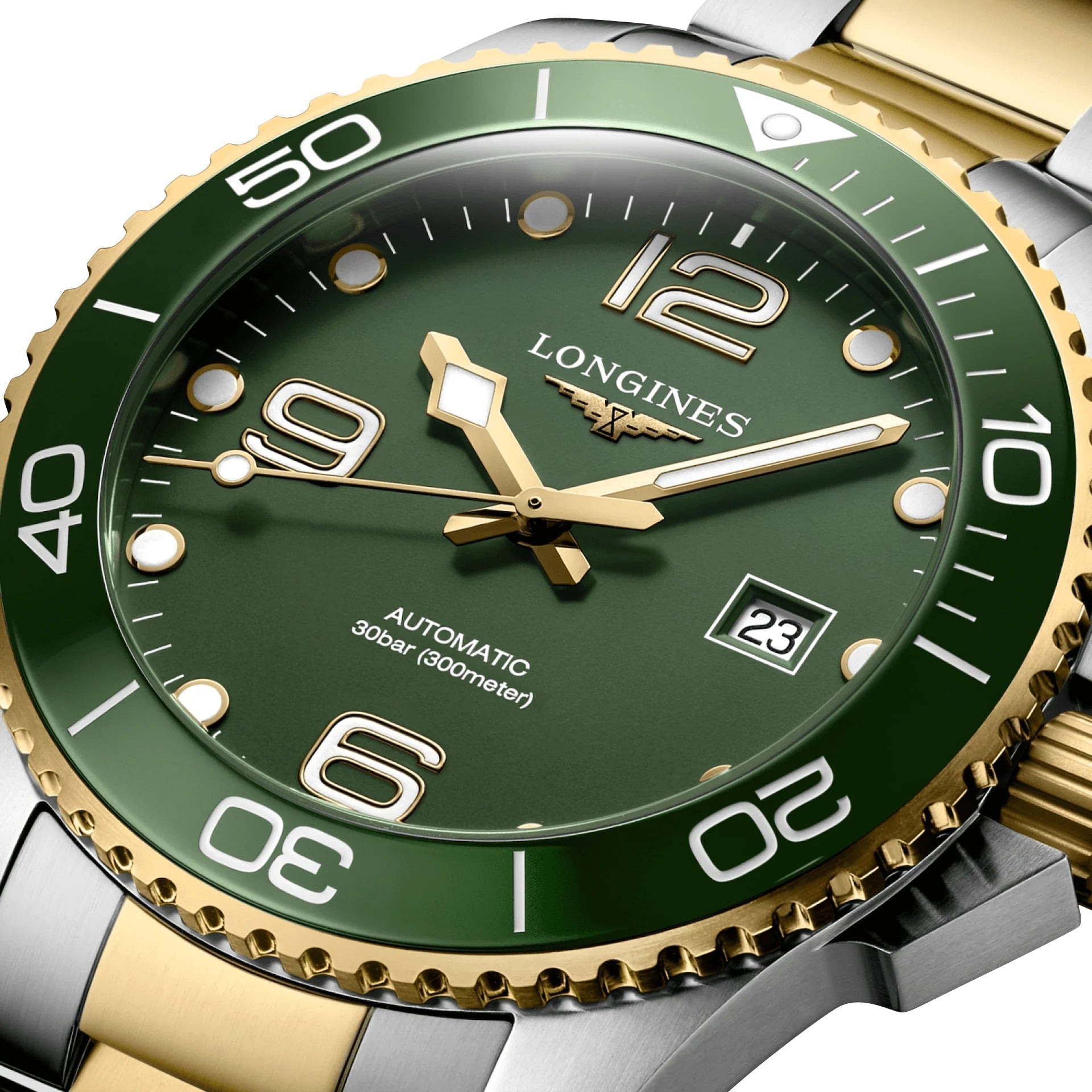 Longines HydroConquest Automatic Stainless Steel & Yellow Gold PVD Green Dial Date Divers Mens Watch L3.782.3.06.7