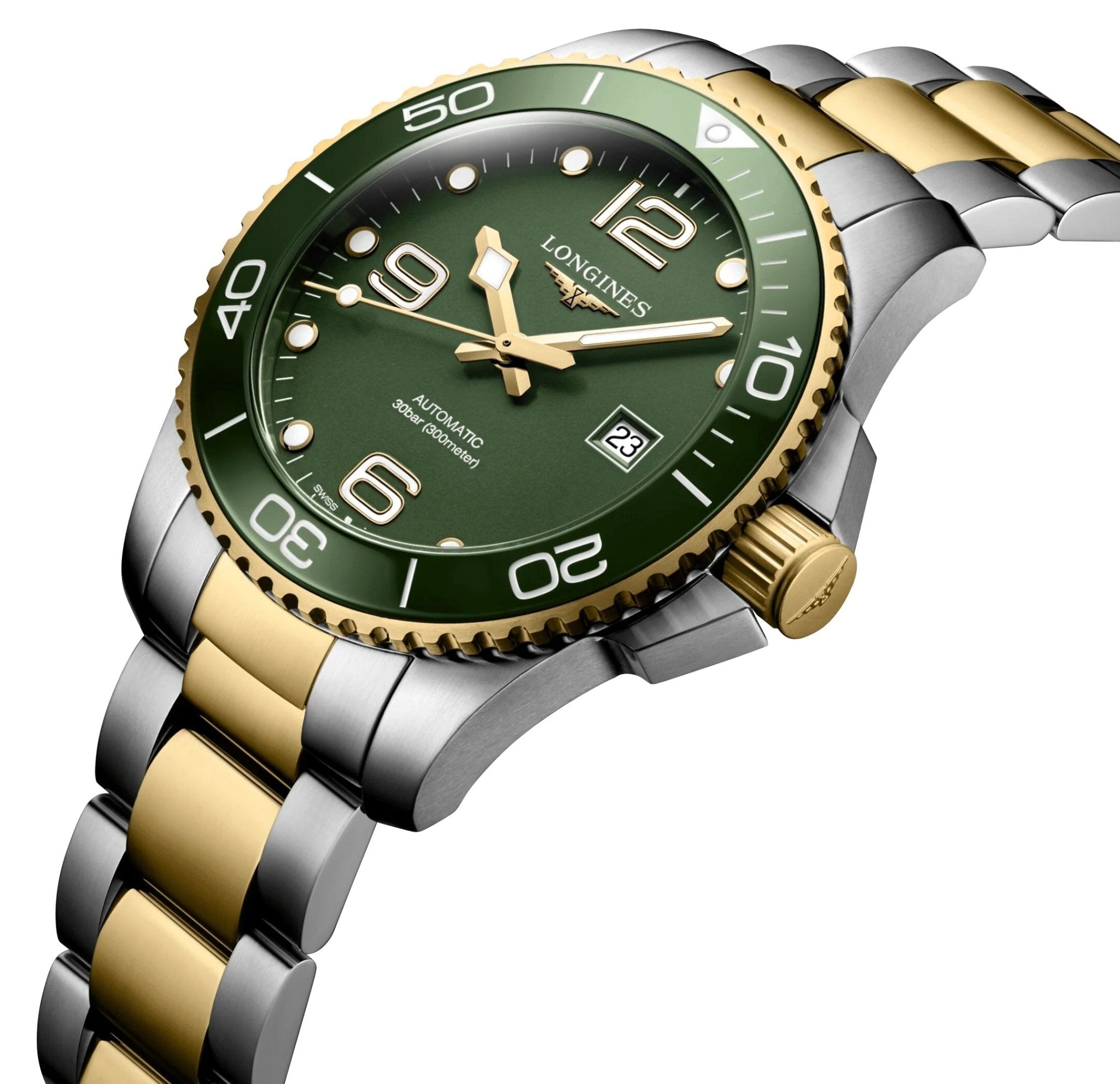 Longines HydroConquest Automatic Stainless Steel & Yellow Gold PVD Green Dial Date Divers Mens Watch L3.782.3.06.7
