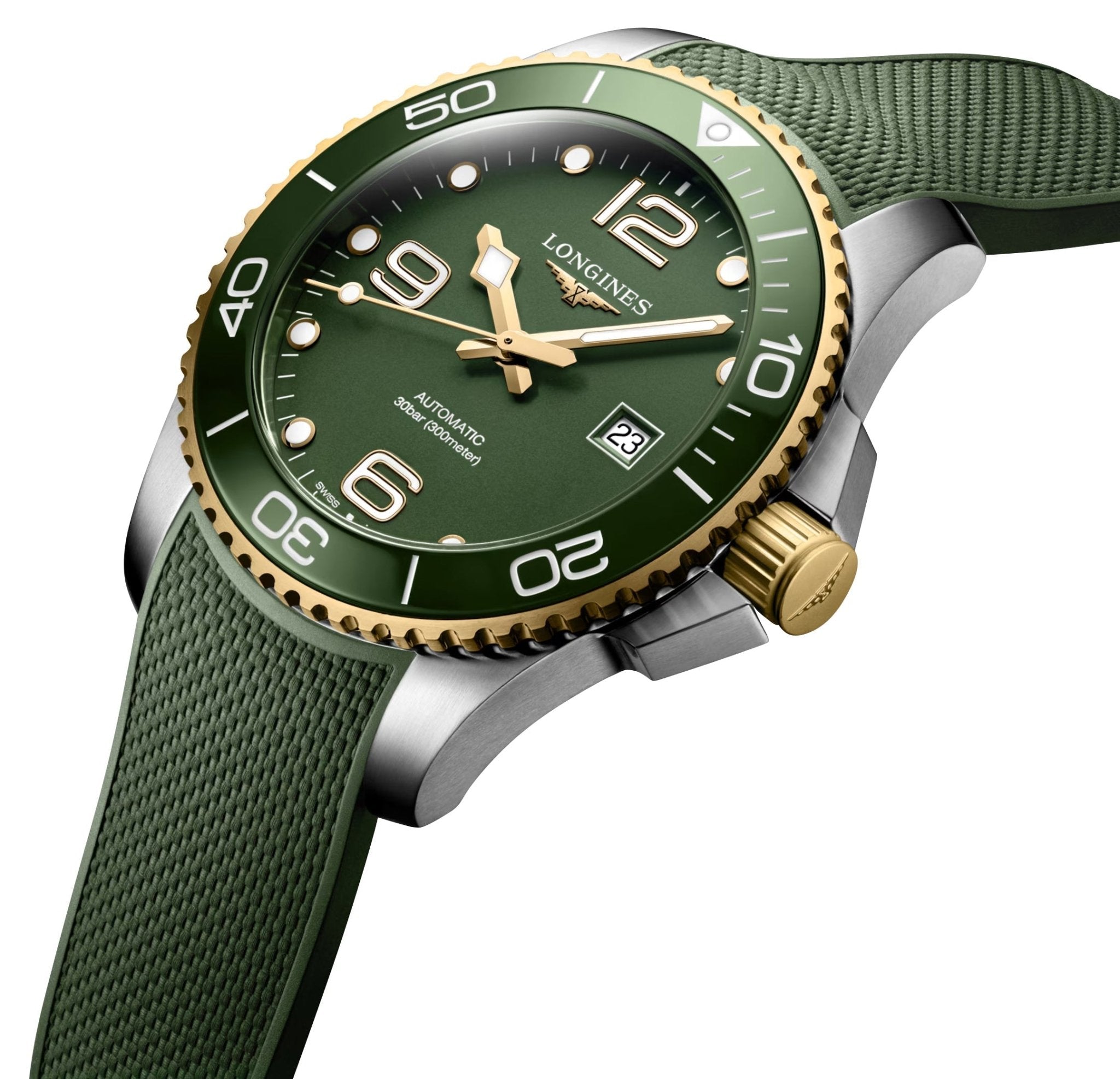 Longines HydroConquest Automatic Stainless Steel & Yellow Gold PVD Green Dial Green Rubber Strap Date Divers Mens Watch L3.782.3.06.9
