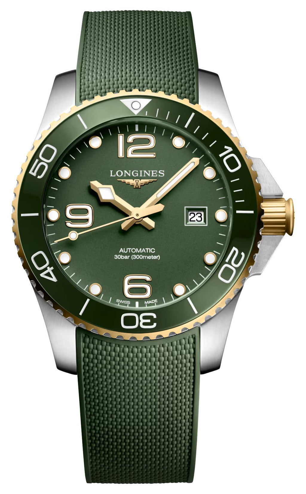 Longines HydroConquest Automatic Stainless Steel & Yellow Gold PVD Green Dial Green Rubber Strap Date Divers Mens Watch L3.782.3.06.9