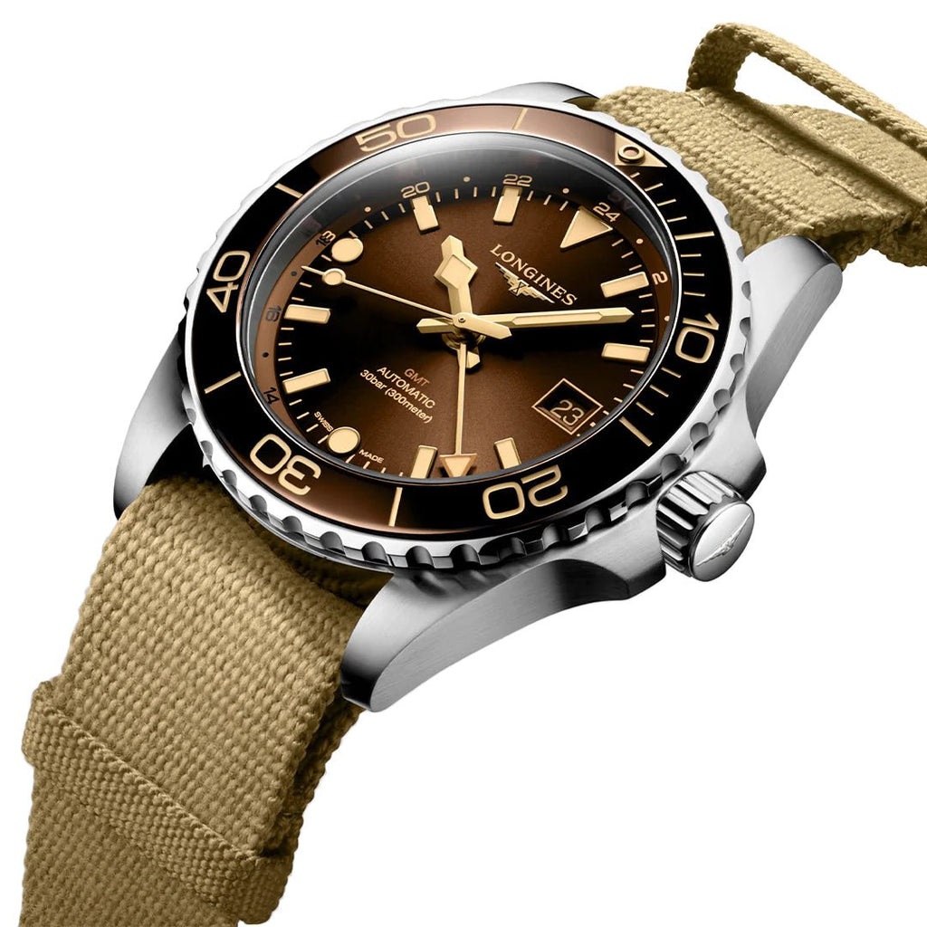 Longines HydroConquest GMT Automatic Stainless Steel Brown Dial Beige NATO Nylon Strap Date Divers Mens Watch L3.790.4.66.2