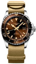 Longines HydroConquest GMT Automatic Stainless Steel Brown Dial Beige NATO Nylon Strap Date Divers Mens Watch L3.790.4.66.2