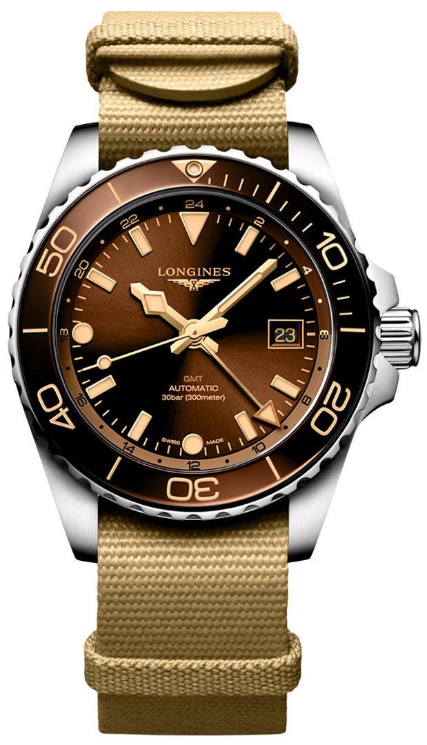 Longines HydroConquest GMT Automatic Stainless Steel Brown Dial Beige NATO Nylon Strap Date Divers Mens Watch L3.790.4.66.2