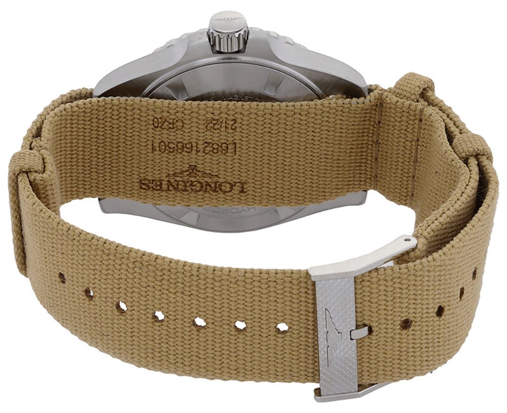 Longines HydroConquest GMT Automatic Stainless Steel Brown Dial Beige NATO Nylon Strap Date Divers Mens Watch L3.790.4.66.2