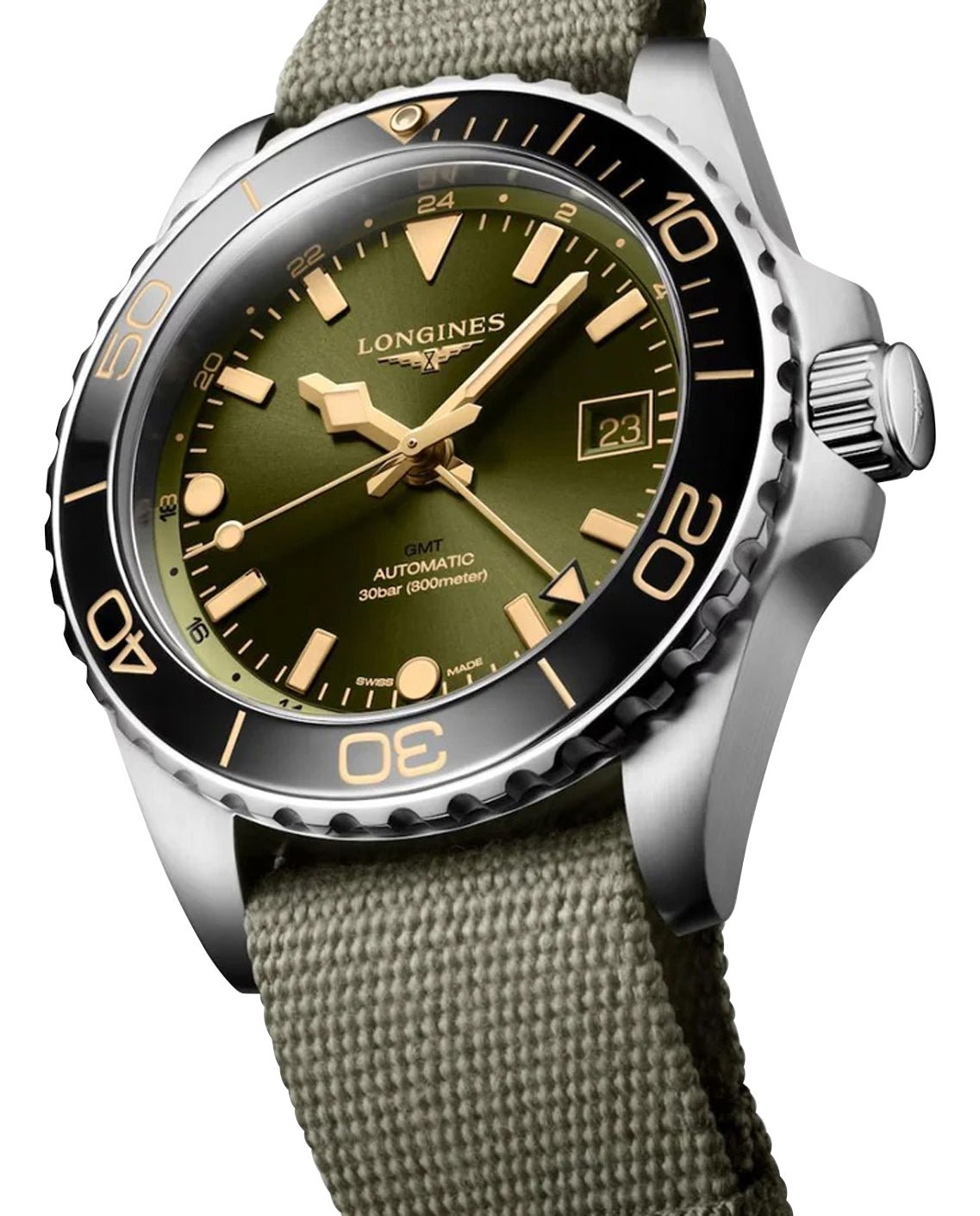 Longines HydroConquest GMT Automatic Stainless Steel Green Dial Green Nylon NATO Strap Date Divers Mens Watch L3.790.4.06.2