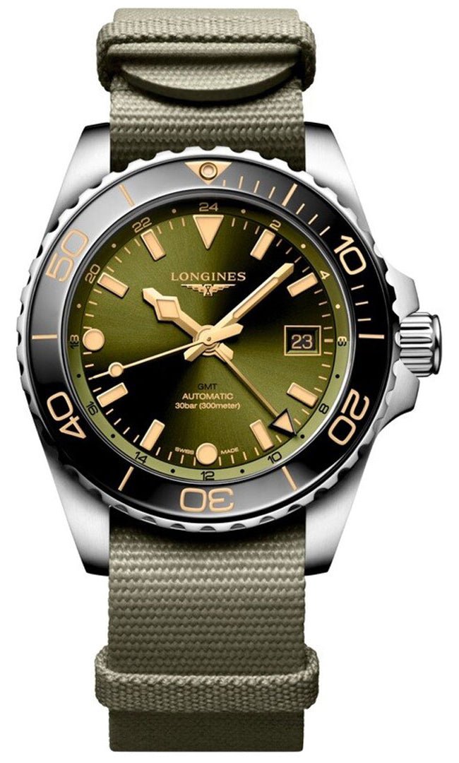 Longines HydroConquest GMT Automatic Stainless Steel Green Dial Green Nylon NATO Strap Date Divers Mens Watch L3.790.4.06.2