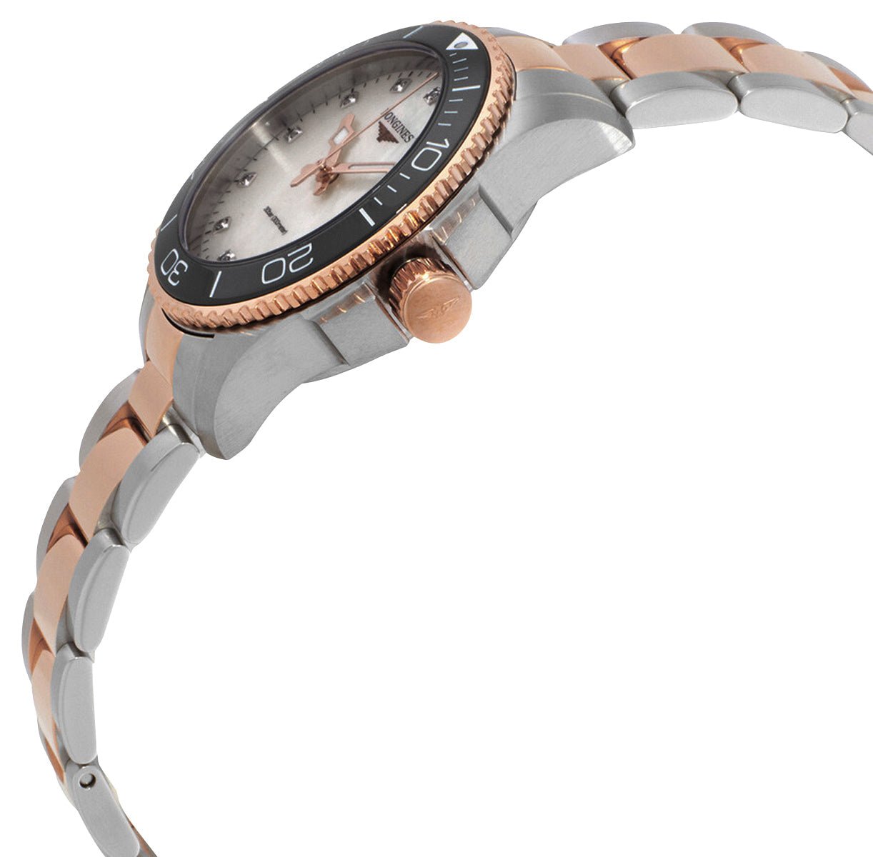 Longines HydroConquest Stainless Steel & Rose Gold PVD Mother-Of-Pearl Dial Diamonds Date Divers Quartz Womens Watch L3.370.3.89.6