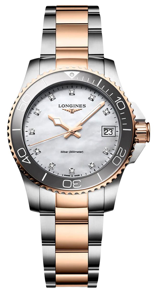 Longines HydroConquest Stainless Steel & Rose Gold PVD Mother-Of-Pearl Dial Diamonds Date Divers Quartz Womens Watch L3.370.3.89.6