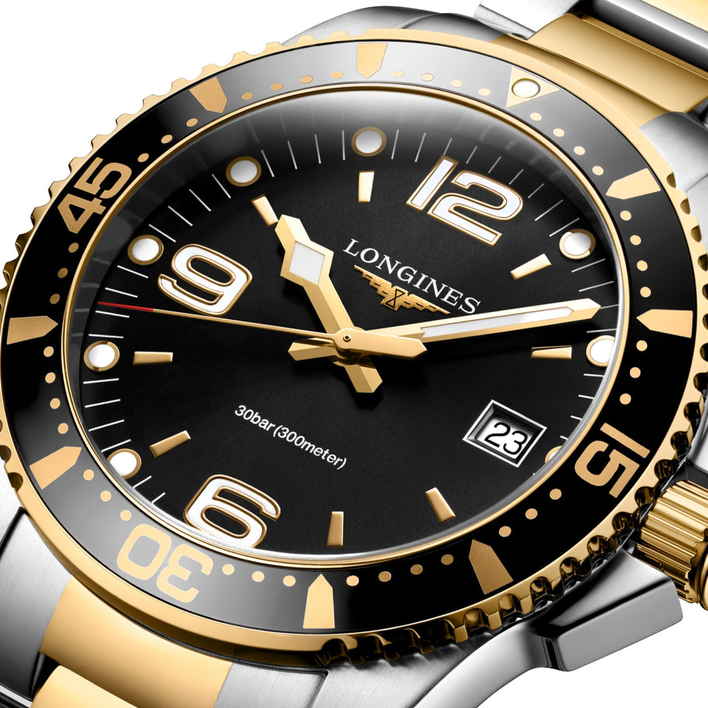 Longines HydroConquest Two-Tone Stainless Steel Black Dial Date Divers Quartz Mens Watch L3.740.3.56.7