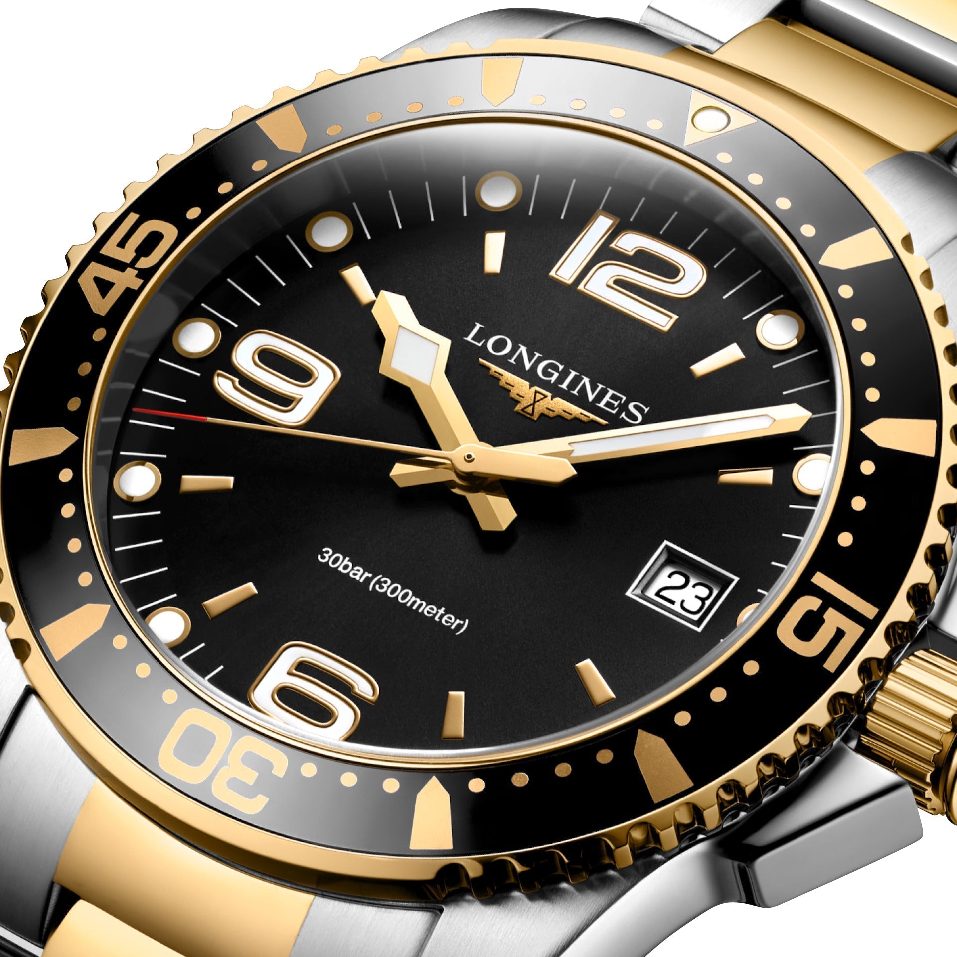 Longines HydroConquest Two-Tone Stainless Steel Black Dial Date Divers Quartz Mens Watch L3.740.3.56.7