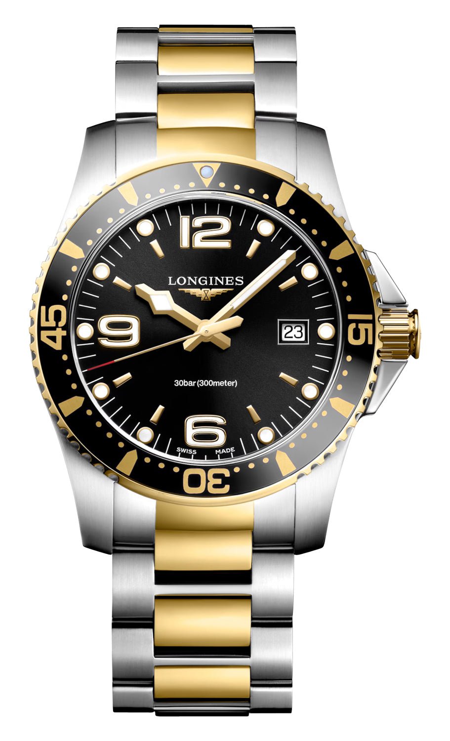 Longines HydroConquest Two-Tone Stainless Steel Black Dial Date Divers Quartz Mens Watch L3.740.3.56.7