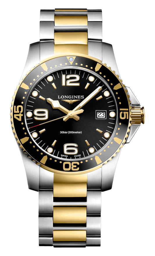 Longines HydroConquest Two-Tone Stainless Steel Black Dial Date Divers Quartz Mens Watch L3.740.3.56.7