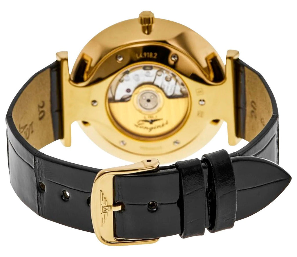 Longines La Grande Classique Automatic Yellow Gold PVD White Dial Black Leather Strap Mens Watch L4.918.2.11.2