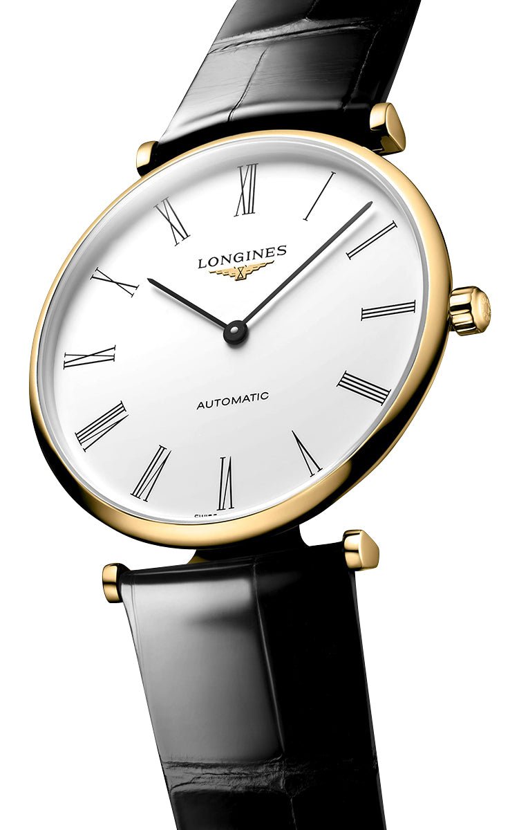 Longines La Grande Classique Automatic Yellow Gold PVD White Dial Black Leather Strap Mens Watch L4.918.2.11.2