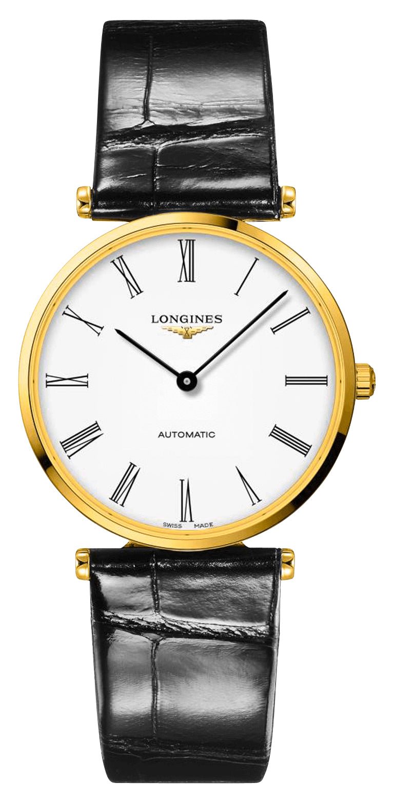 Longines La Grande Classique Automatic Yellow Gold PVD White Dial Black Leather Strap Mens Watch L4.918.2.11.2