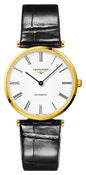 Longines La Grande Classique Automatic Yellow Gold PVD White Dial Black Leather Strap Mens Watch L4.918.2.11.2