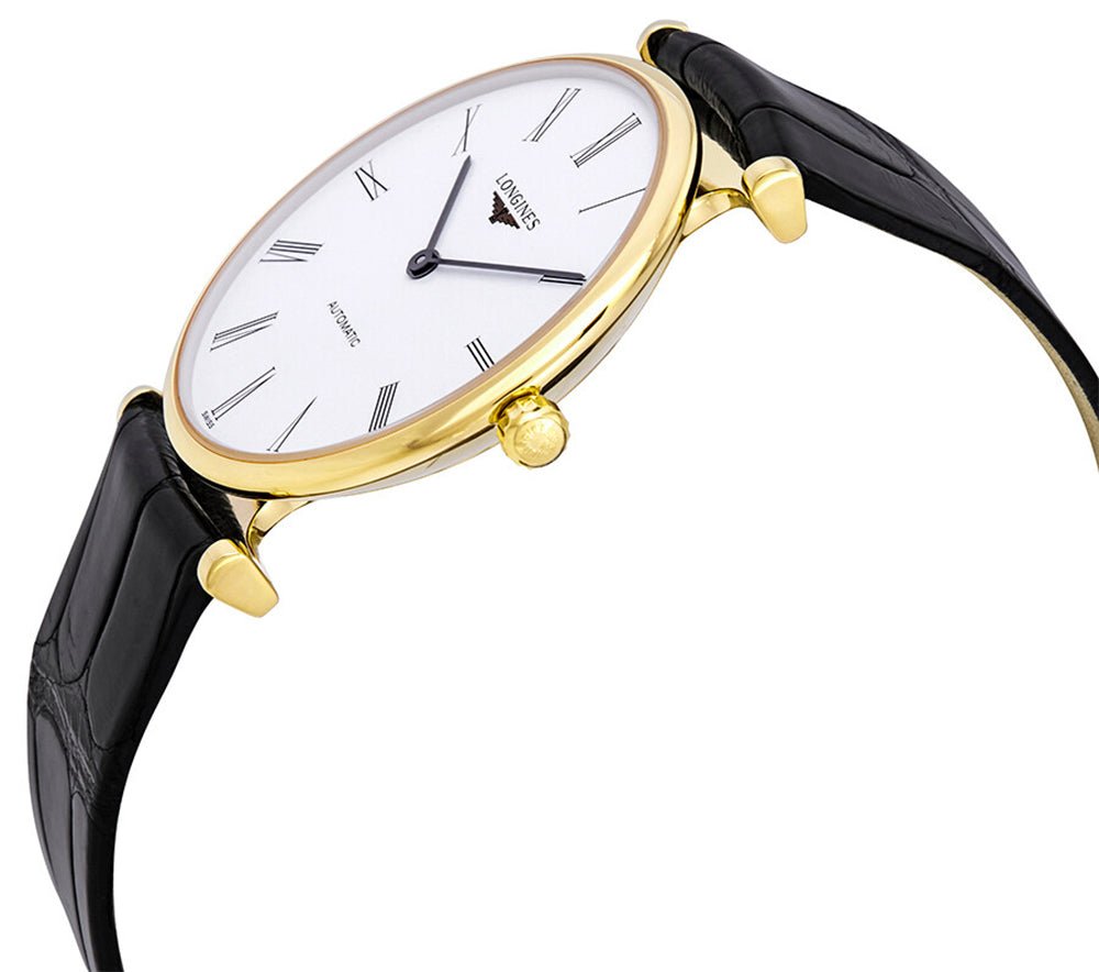Longines La Grande Classique Automatic Yellow Gold PVD White Dial Black Leather Strap Unisex Watch L4.908.2.11.2