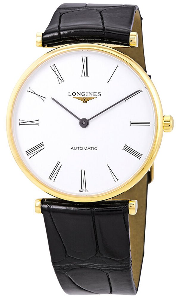 Longines La Grande Classique Automatic Yellow Gold PVD White Dial Black Leather Strap Unisex Watch L4.908.2.11.2