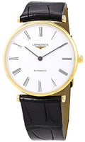 Longines La Grande Classique Automatic Yellow Gold PVD White Dial Black Leather Strap Unisex Watch L4.908.2.11.2