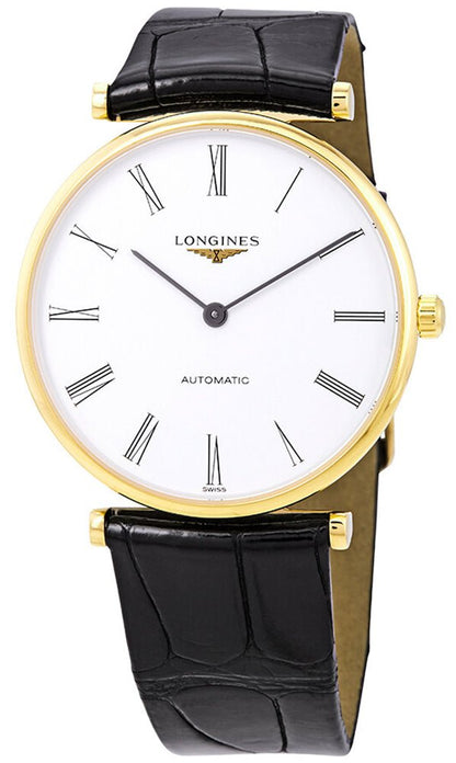 Longines La Grande Classique Automatic Yellow Gold PVD White Dial Black Leather Strap Unisex Watch L4.908.2.11.2